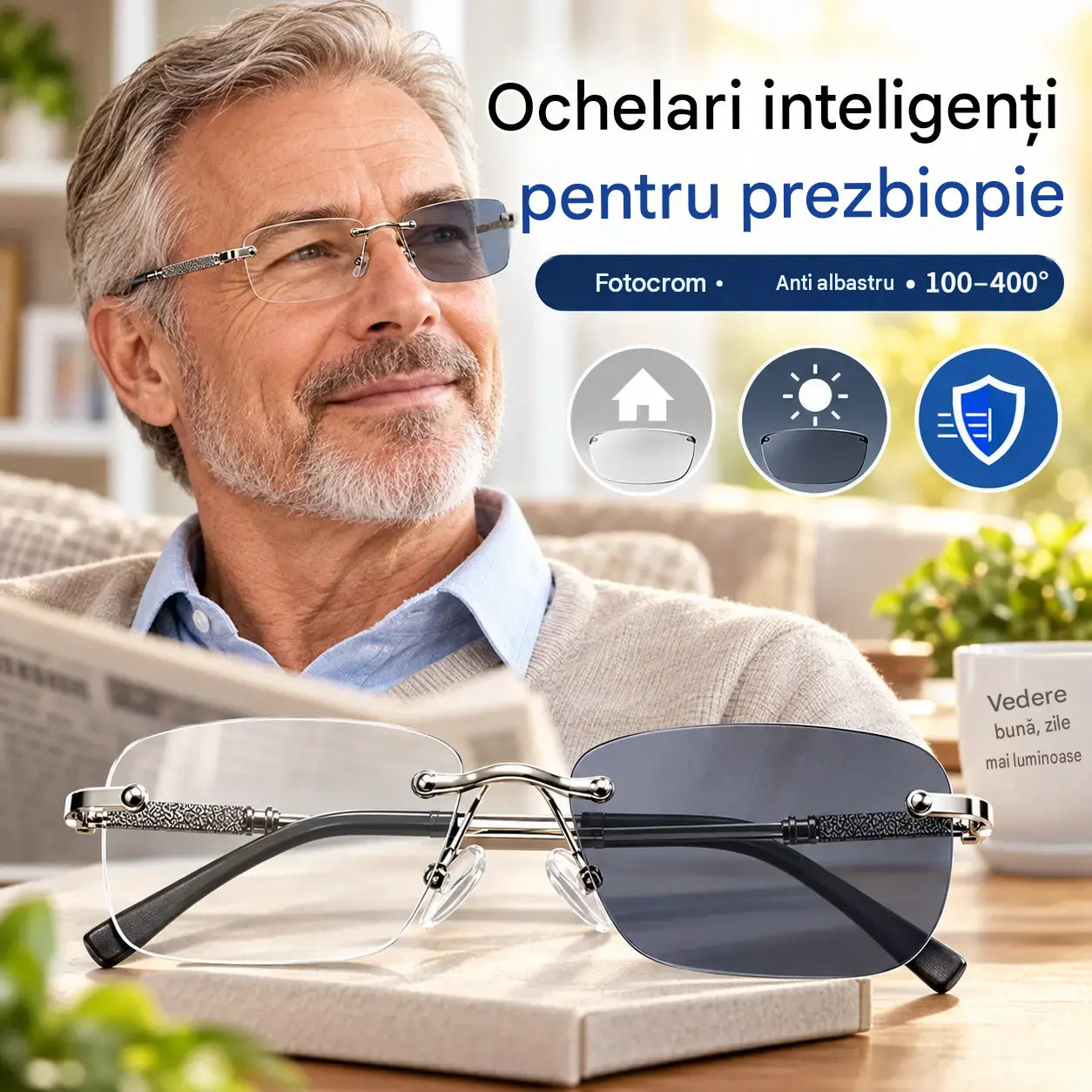 👓 Acești ochelari de citit cu zoom inteligent sunt concepuți special pentru persoanele de vârstă mijlocie și vârstnice, cu funcții de zoom, multi-focus, detectare a luminii, fotocromatică și blocare a luminii albastre.