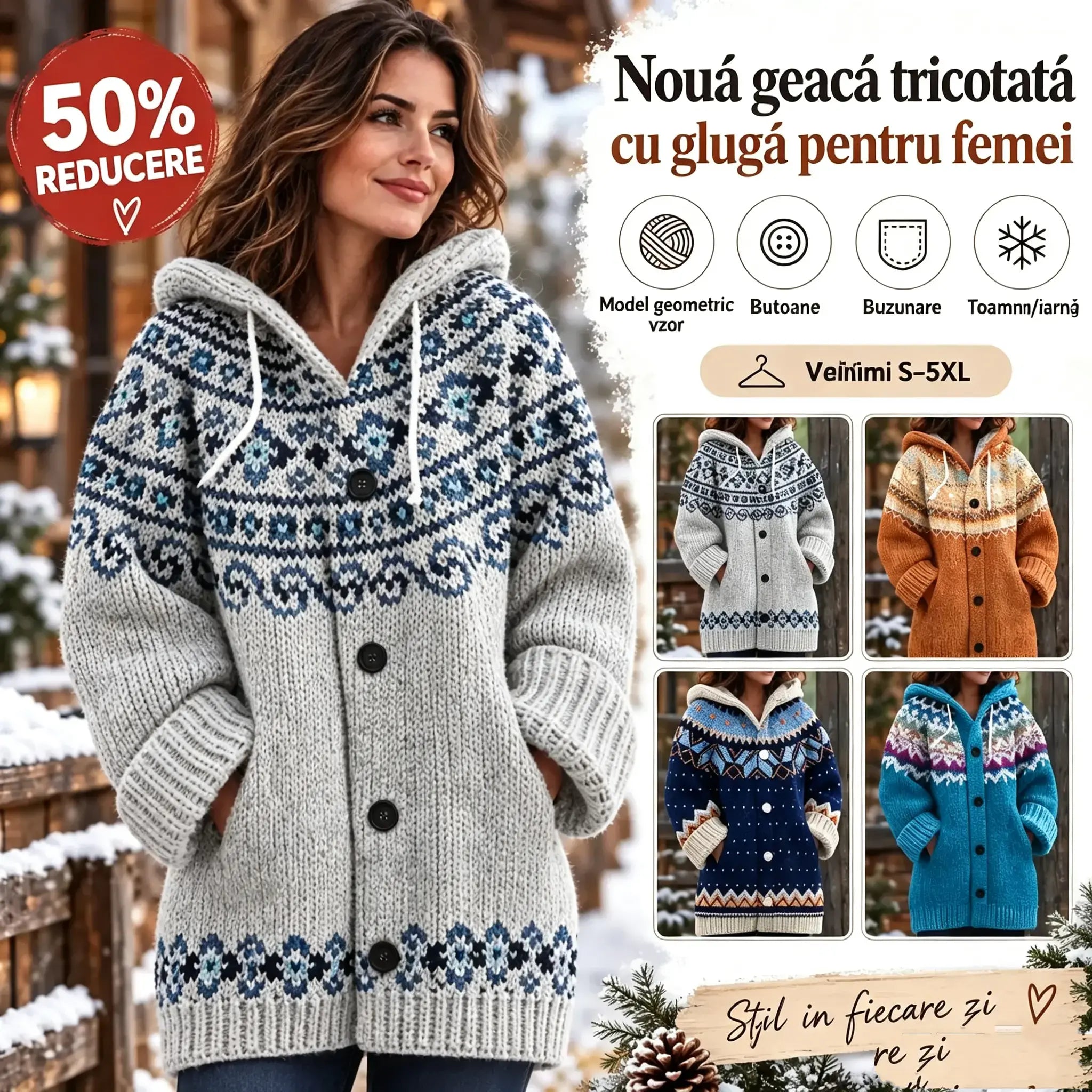 🔥【S~5XL】✨Nouă jachetă tricotată pentru femei, cu glugă, model geometric, închidere cu nasturi, toamnă/iarnă, mărimi S–5XL