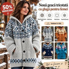 🔥【S~5XL】✨Nouă jachetă tricotată pentru femei, cu glugă, model geometric, închidere cu nasturi, toamnă/iarnă, mărimi S–5XL