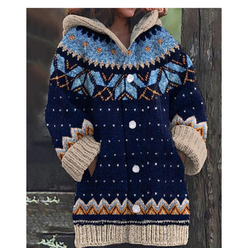 🔥【S~5XL】✨Nouă jachetă tricotată pentru femei, cu glugă, model geometric, închidere cu nasturi, toamnă/iarnă, mărimi S–5XL